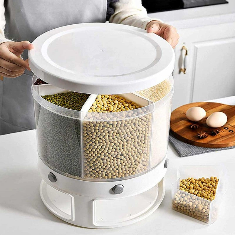 6 Grids Large Rotating Grain Cereals Storage Container Dispenser