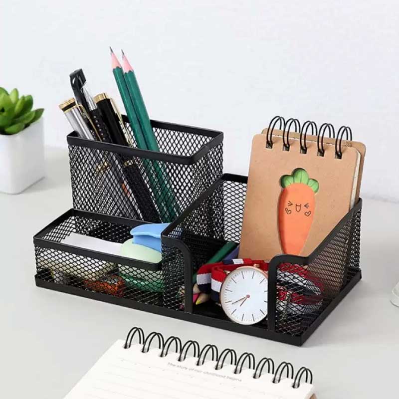 3 Compartments Metallic Mesh Desk Stationary Organizer for Home and Office